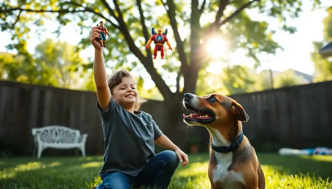 A child and their dog enjoy an imaginative adventure inspired by action figures.