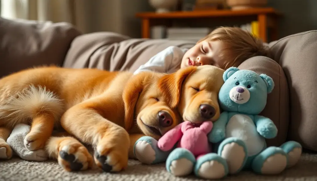 A child and their dog enjoy an imaginative adventure inspired by action figures.