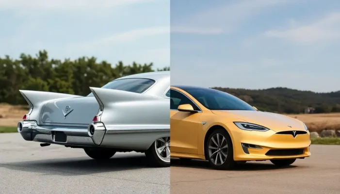A classic Cadillac and a modern Tesla, showcasing decades of design evolution.