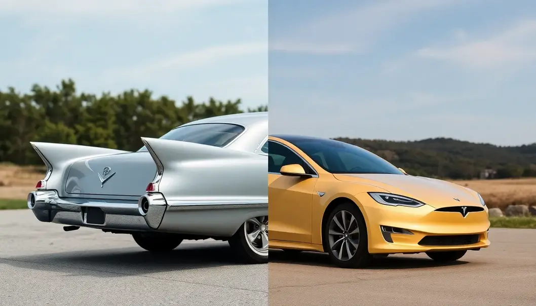A classic Cadillac and a modern Tesla, showcasing decades of design evolution.