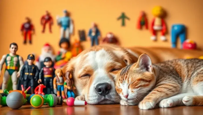 Iconic toys, including action figures and plush toys, next to a napping dog and cat in warm lighting.