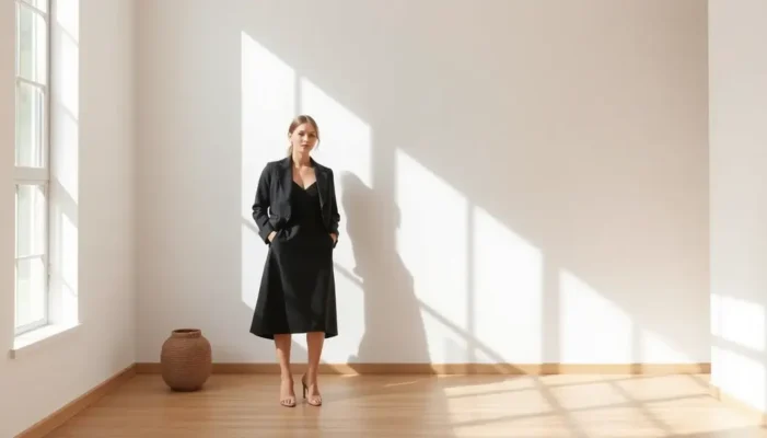 A fashion model in minimalist attire in a sunlit, clean-lined room.