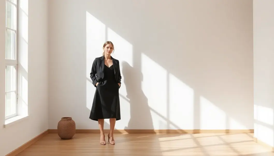 A fashion model in minimalist attire in a sunlit, clean-lined room.