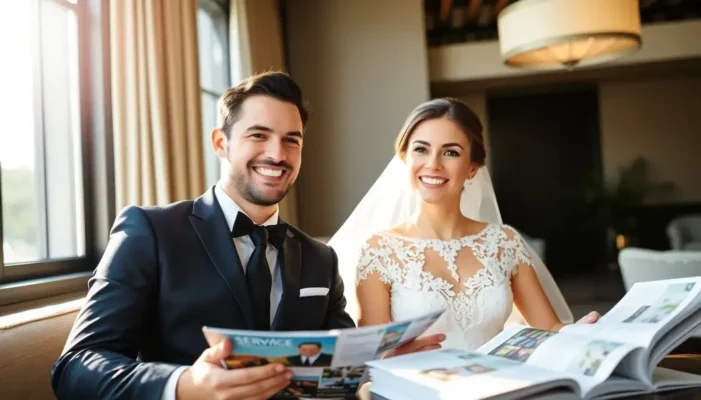 Happy couple surrounded by service brochures in a luxurious setting, highlighting the joy of finding quality services.