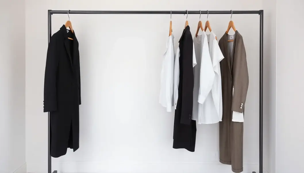 A minimalist wardrobe showcasing neutral tones and quality materials.
