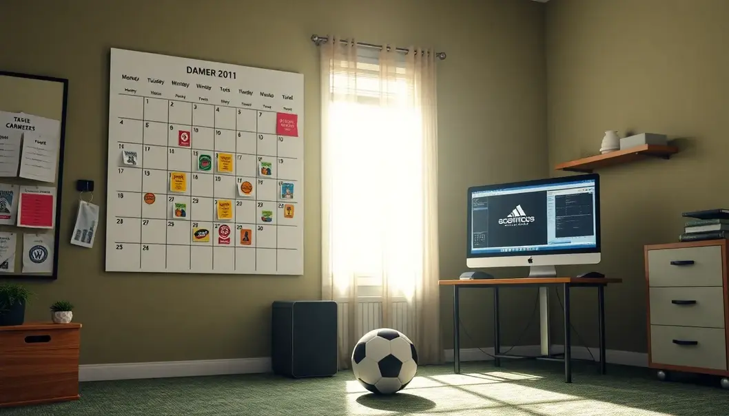 A sports-themed home office setup illustrating structured time management.